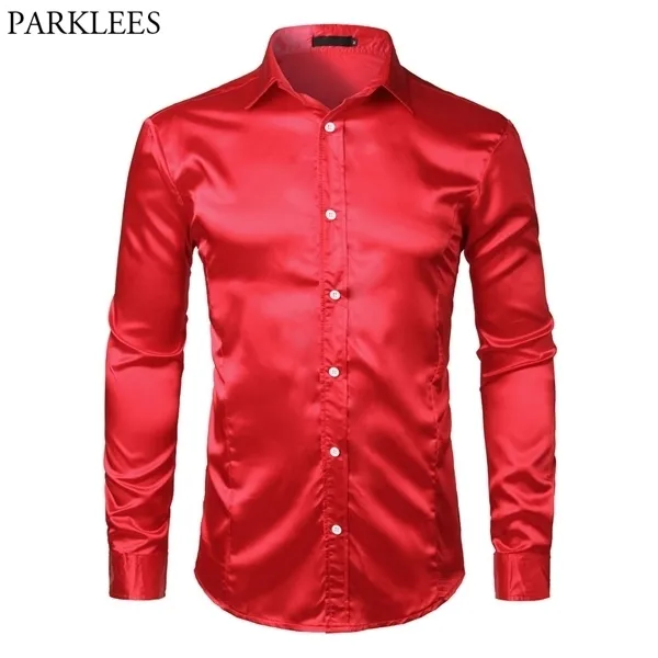 Hommes Slim Fit Soie Satin Robe Chemises De Mariage Marié Stade De Bal Chemise Hommes À Manches Longues Chemise Boutonnée Mâle Chemise Homme Rouge C1222