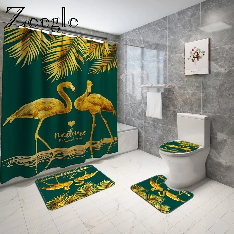 Animals Printed Bath Mat and Shower Curtain Set Microsoft Toilet Foot Carpet Anti Slip Bathroom Floor Mat Toilet Seat Cover Mat