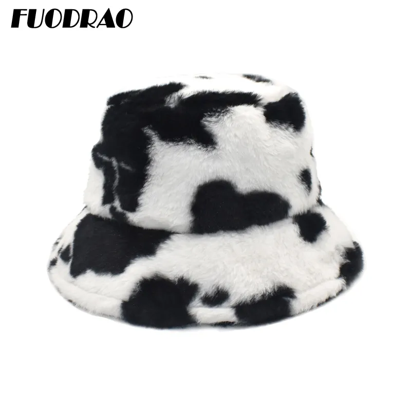 Fuodrao New Winter Cow Bucket Hat Kobiety Faux Fur Girl Hat Moda Ciepła Panama Outdoor Fisherman Cap Mężczyźni 3Colors M135 201102