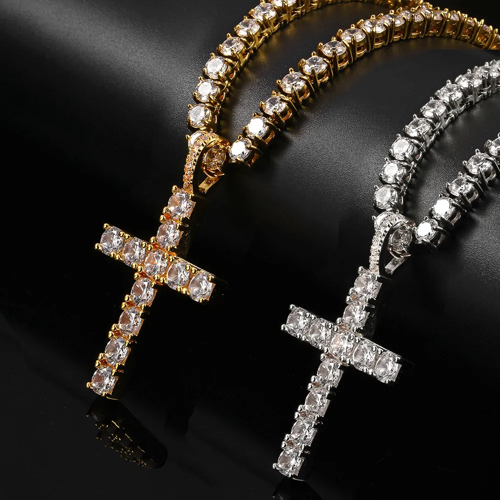 Shining Diamond Stone Cross Hangers Ketting Sieraden Geplatineerd Mannen Vrouwen Minnaar Gift Paar Religieuze Jewelry270K