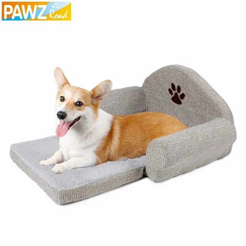 Beds Dogs Soft Kennels Cute Paw Design Puppy Warm Sofa Gray Removable Dog Cat Houses Winter For Pet Products 201223