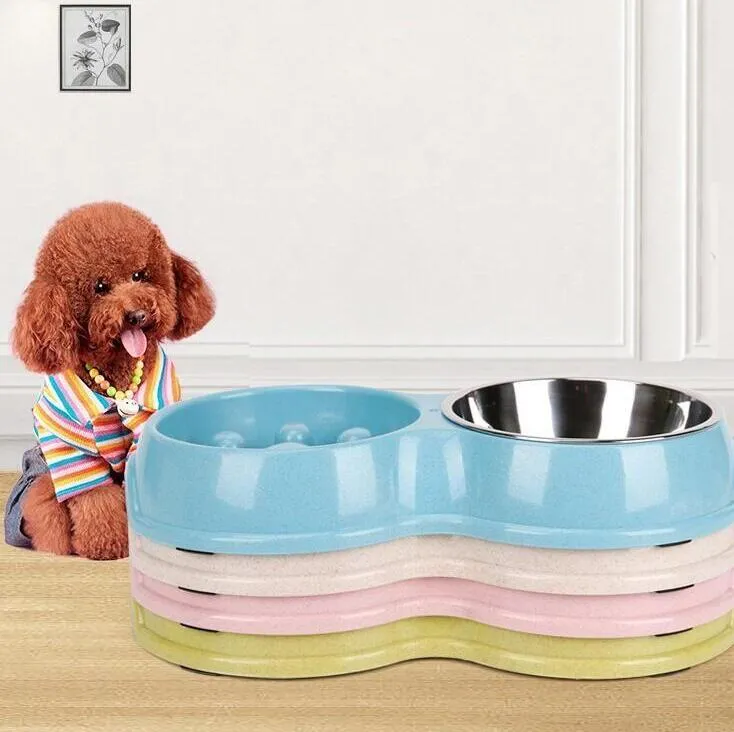 Cão de aço palha de trigo duplo Bowls Staimless Pet Feeder bacia antiderrapante Cat Bacia saudável Feeder Food Dish Dog Feeding Supplies LSK1943