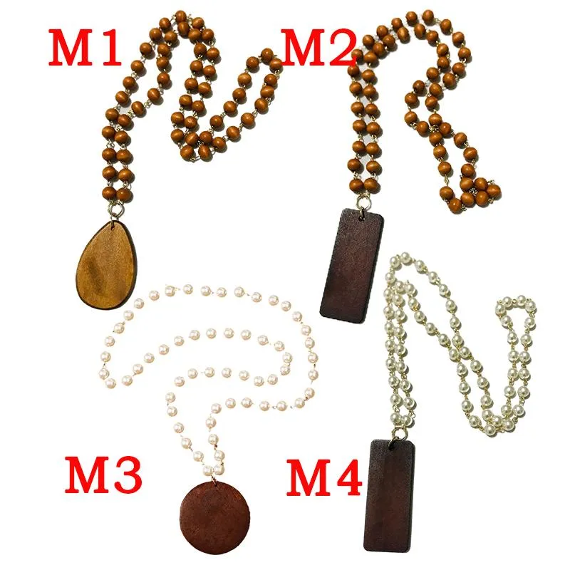 Party Monogrammed Engraving Wooden Necklace Pearl Bead Pendant Wood Chip Sweater Chain Women Clothing Ornament