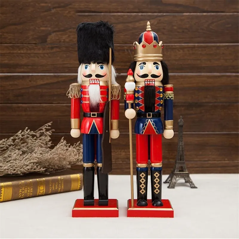 38cm木製のくびばら人形の兵士ミニチュアの置物ヴィンテージ手作りの人形のおもちゃ新年クリスマスの飾り家の装飾LJ201128