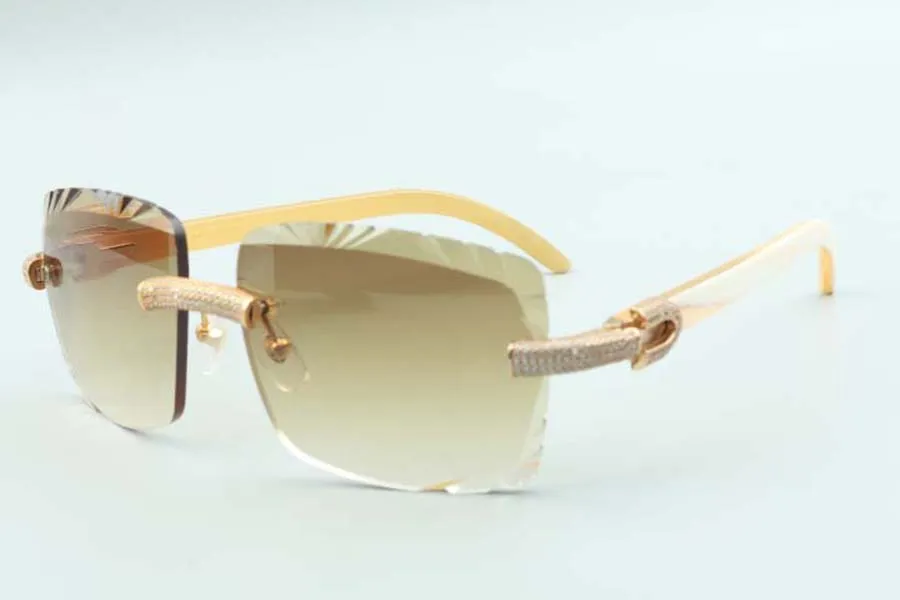 2021 커팅 렌즈 마이크로 포장 다이아몬드 선글라스 3524020, 자연 백색 버팔로 뿔 사원 안경, 크기 : 58-18-140mm