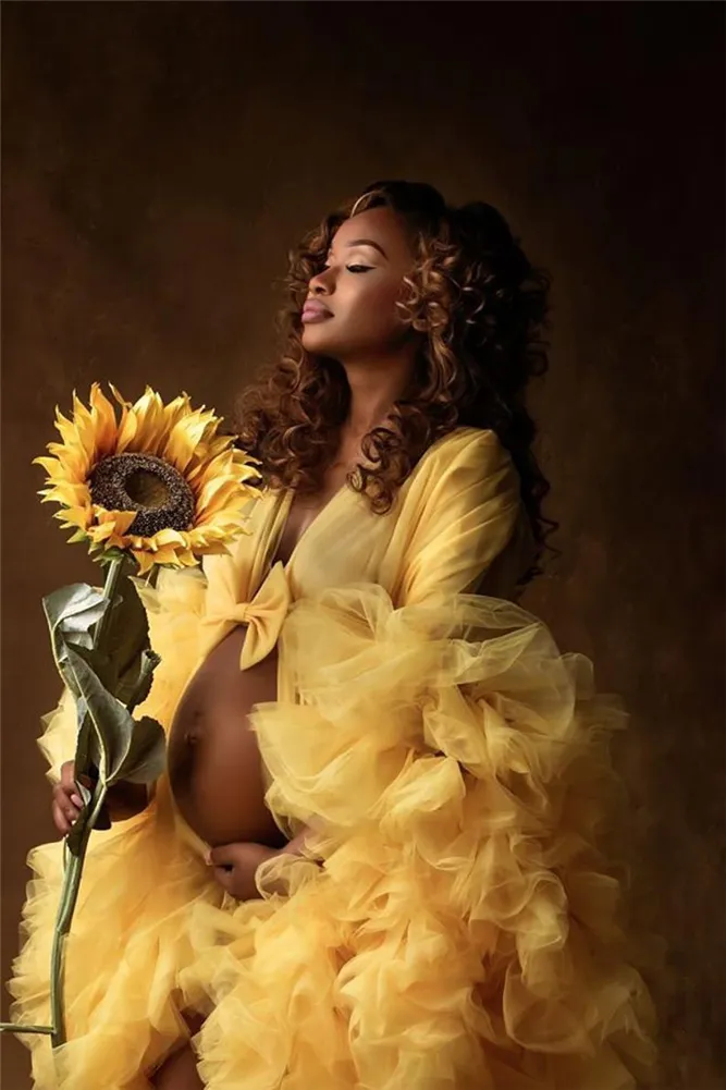 Maternity Yellow Ruffles Robe for Photoshoot Soft Baby Shower Dress Sheer Nightgown