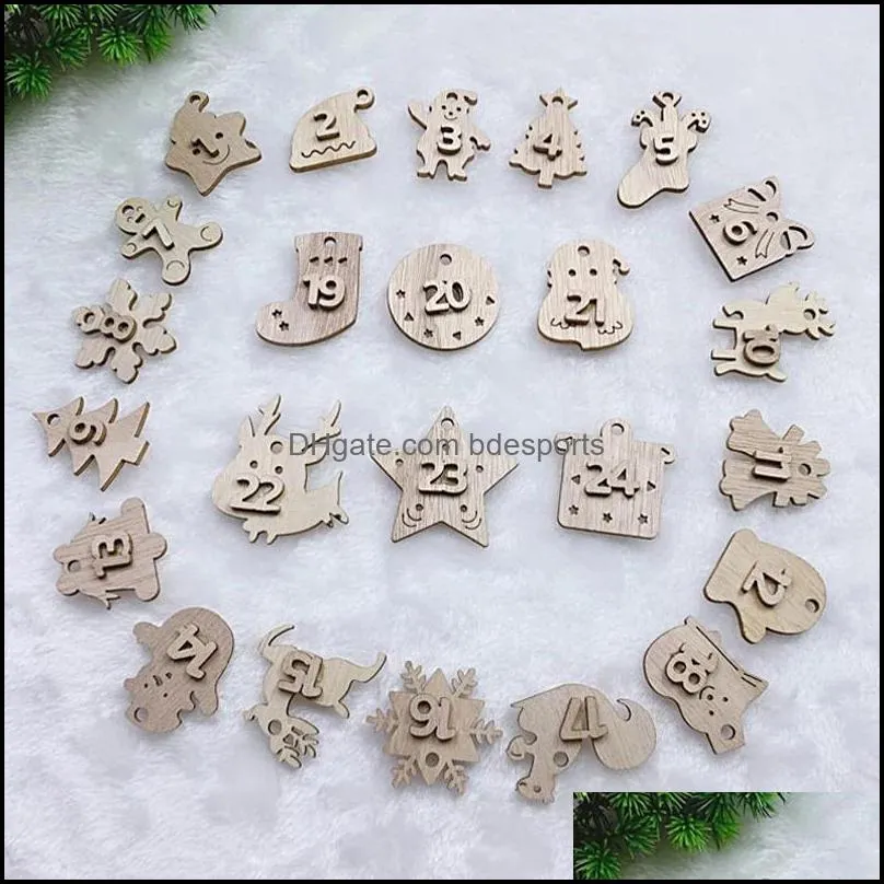 Christmas Decorations 24pcs/Set Advent Calendar Tree Decoration Wooden Craft Pendant Digital Wood Hanging Tags Countdown