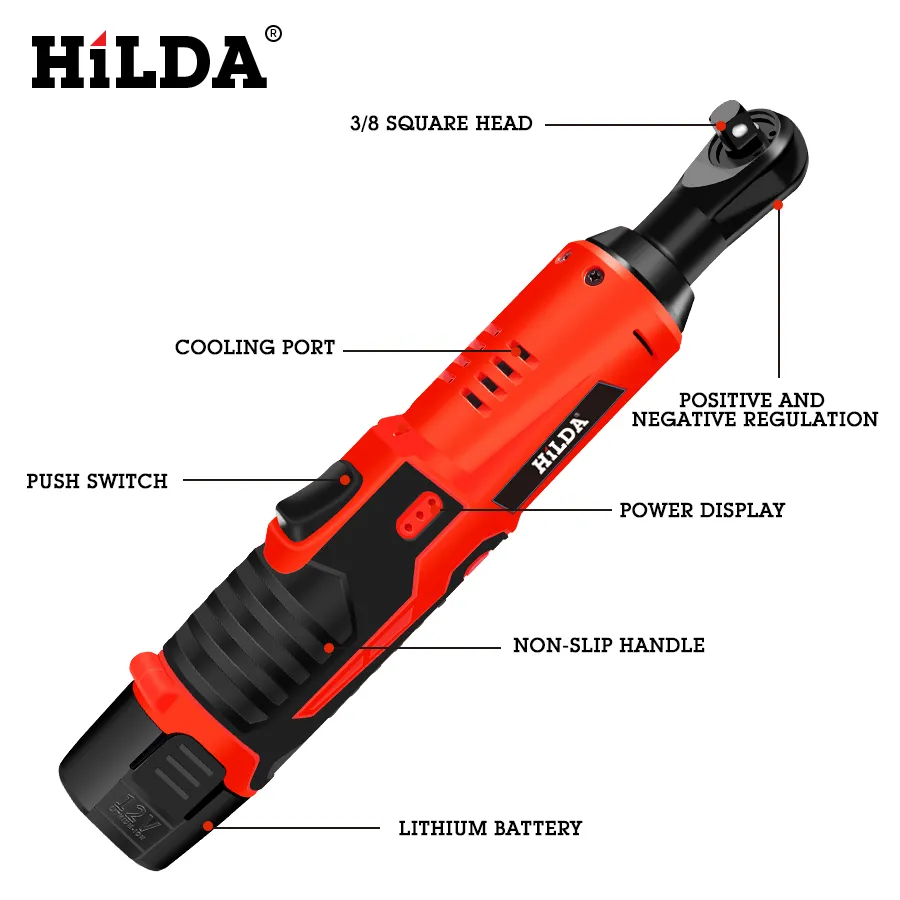 HILDA 12V Electric Wrench Kit Cordless Ratchet Wrench uppladdningsbar ställning Moment Ratchet med Sockets Tools Power Tools2569