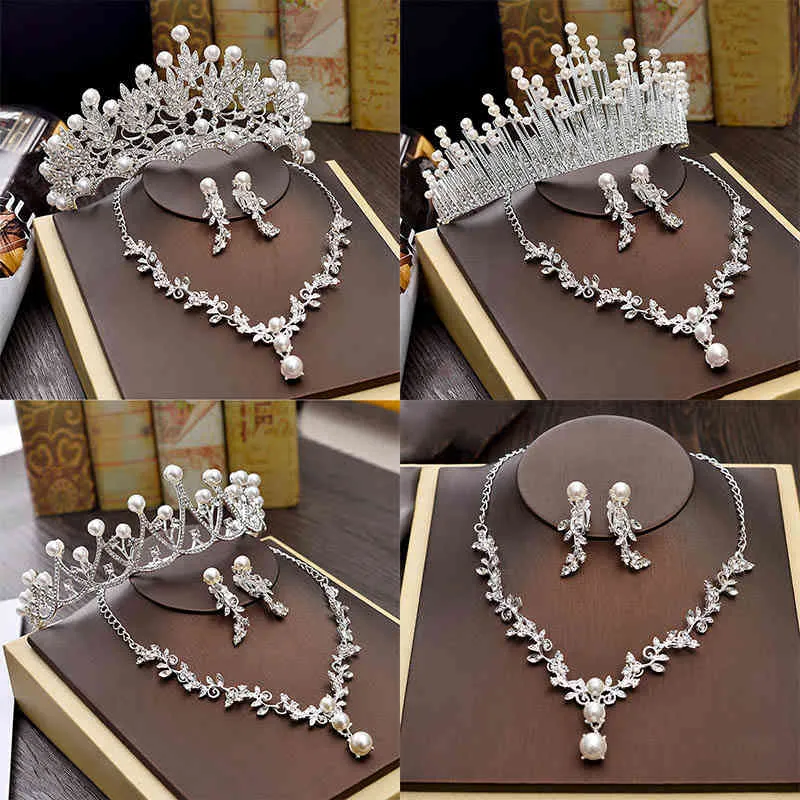 Luxury Bridal Necklace Wedding Jewelry Sets for Brides Jewellery Pearl Tiara Crown Earrings Set Birthday Party Women Accessories