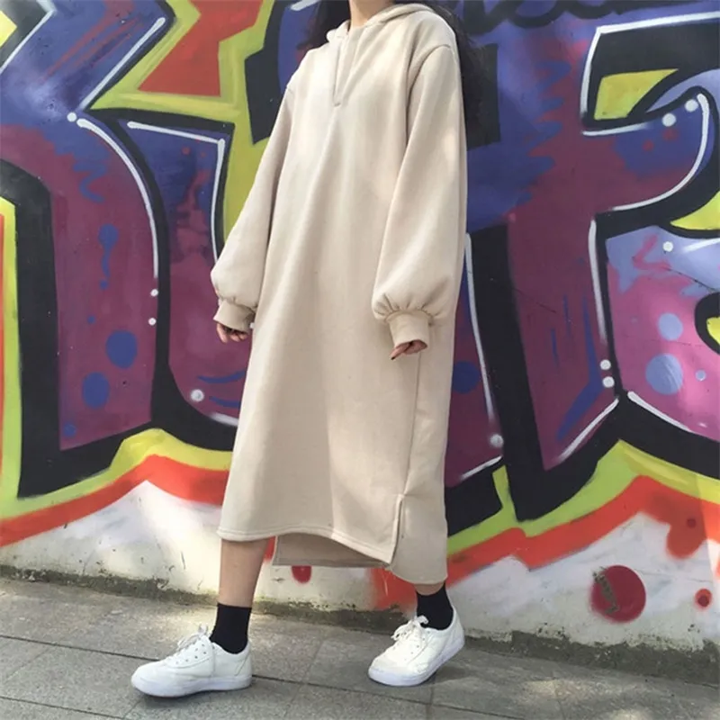 Korean Women Autumn Winter Hooded Dress Pullover Thick Fleece Oversized Casual Loose Maxi Long Hoodie Sweatshirt Dresses Black 201008