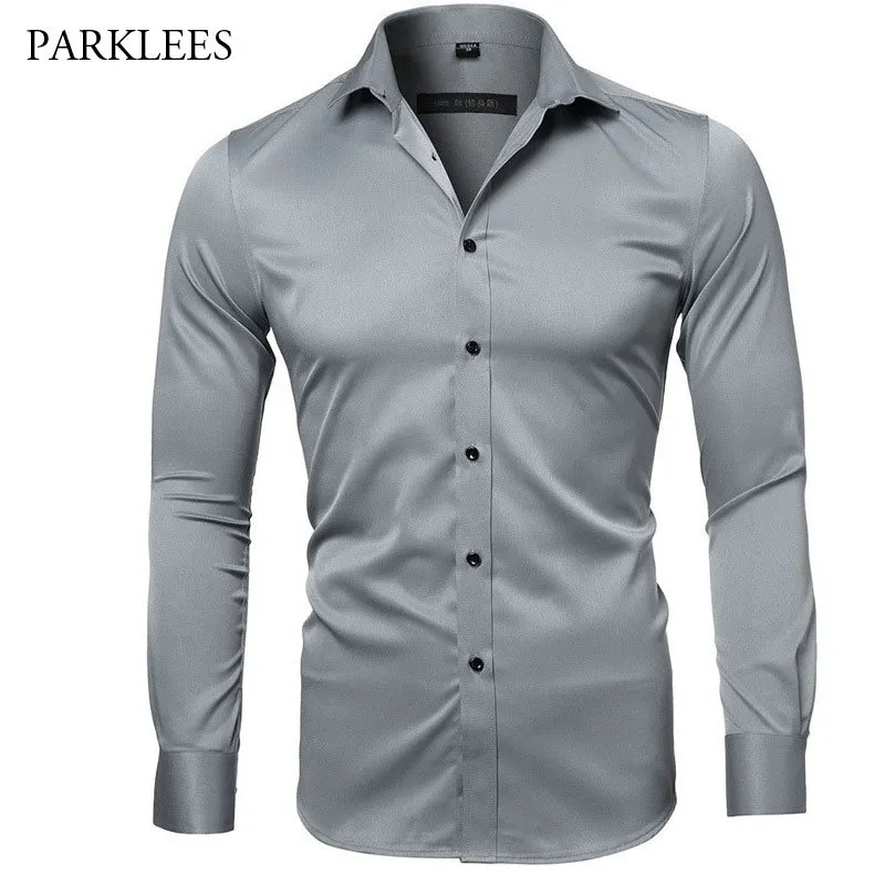 灰色の弾性竹繊維シャツ男性の真新しい長袖メンズのドレスシャツの非アイアンイージーケアビジネスワークキシェンズHomme XXL C1222