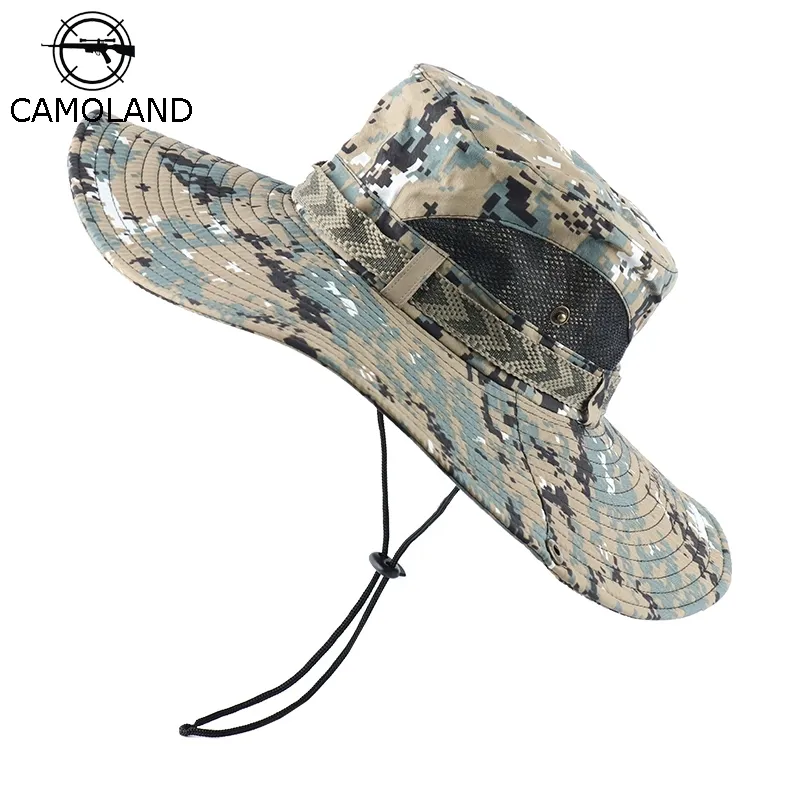 CAMOLAND UPF 50+ Chapeaux de soleil Hommes Long Wide Brim Bucket Hat Outdoor Camouflage Randonnée Pêche Boonie Caps Pour Homme Beach Hats Y200714