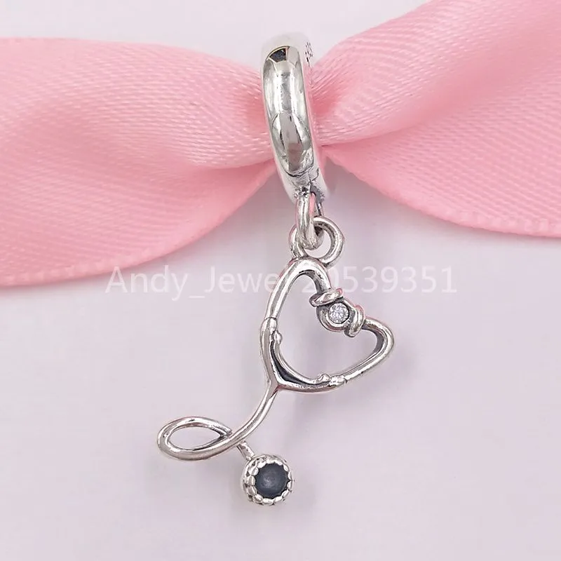 Andy Jewel Otantik 925 Gümüş Boncuk Pandora Stetoskop Kalp Dangle Charm Charms Avrupa Pandora Stil Takı Bilezikler Kolye Uyar 7