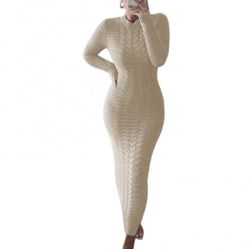 Günlük Elbiseler Kadın Sonbahar Kış Katı Renk Uzun Kollu Bükülmüş Örme Bodycon Sıcak Artı Boyutu Kazak Elbise