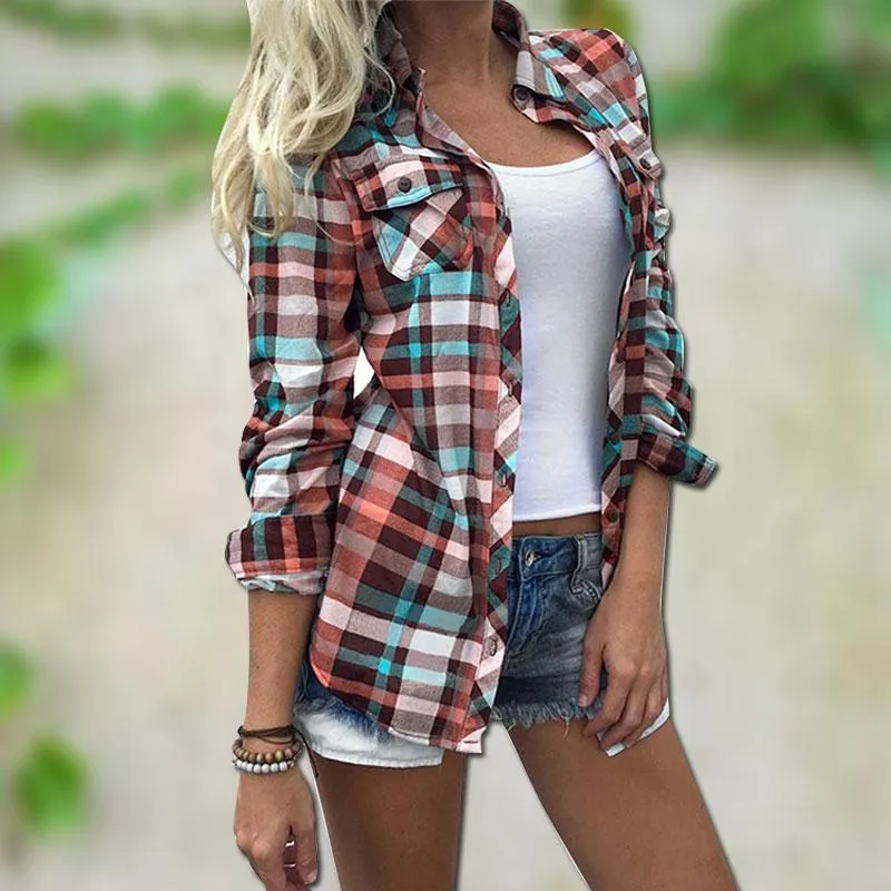 Blusas de las mujeres Camisas 2021 Moda Mujer Camisa a cuadros Chic Checked Blusa Manga larga Femenino Femenino Imprimir Imprimir Bolsillo Tops
