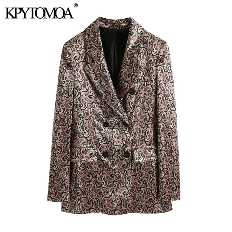 KPYTOMOA Femmes Femmes Double boutonnage Paisley Imprimé Velvet Blazer Manteau Vintage à manches longues Femme Vêtements de dessus Chic Tops 201201