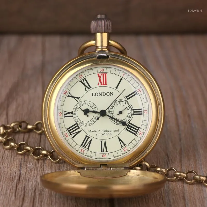 Taschenuhren Vintage Retro Kupfer Uhr Männer Legierung London Mechanisch mit Metallkette Steampunk Roman1