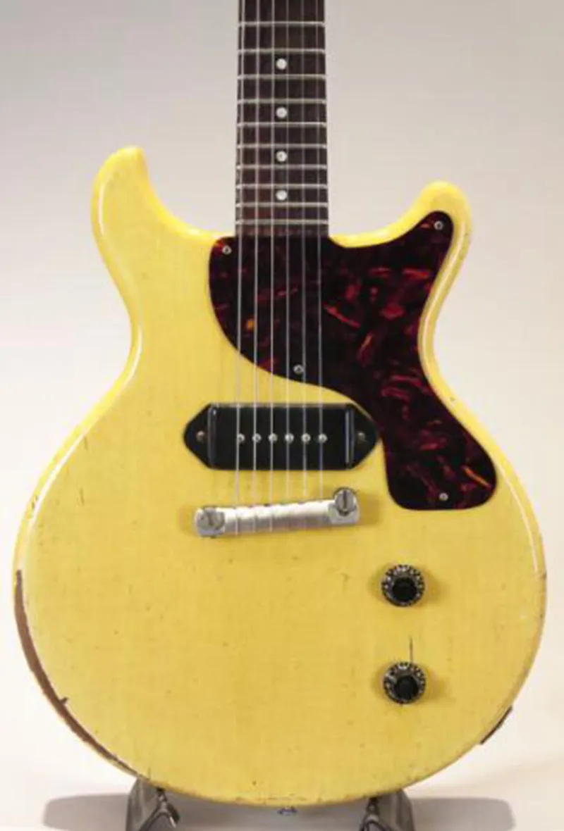 Custom 1959 Junior DC TV Yellow Cream Relic elektrische gitaar uit één stuk mahoniehouten hals, omwikkeld staartstuk, P-90 Dog Ear Pickup