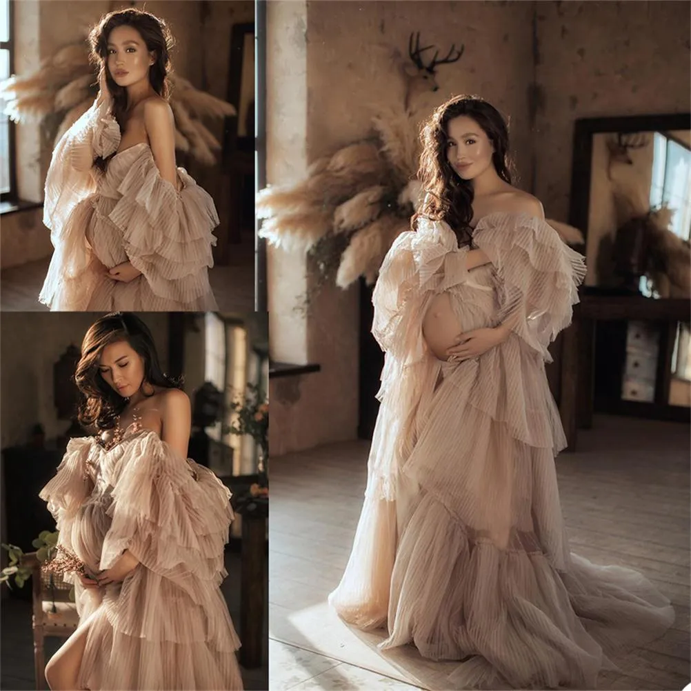 Off Shoulder Tulle Ruffles Long Sleeve Women Sexy Kimono Pregnant Party Sleepwear Jackets Custom Made Bathrobe Sheer Nightgown Robes