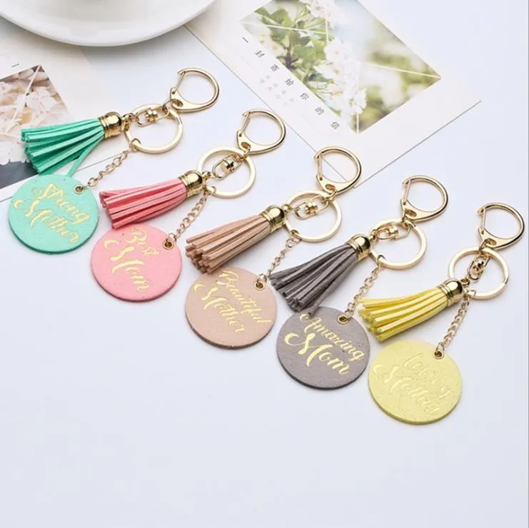 Disco Tassel Keychain Bronzing Letter Pingente de Couro Chaveiro Bag Pingente Dia da Mãe Partido Partido Suprimentos 5 Cores BT1011