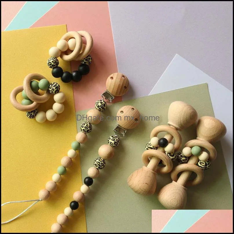 Baby Pacifier Holders Chain Clips Weaning Teething Natural Wooden Beads Teeth Practice Toys Leopard Infant Feeding Pacifiers 3Pcs/Sets