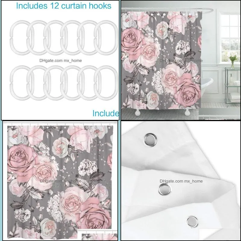 Shower Curtains Bathroom Accessories Bath Home & Garden Flowers And Leaves On Gray Watercolor Floral Pattern Curtain Waterproof Polyester Fa