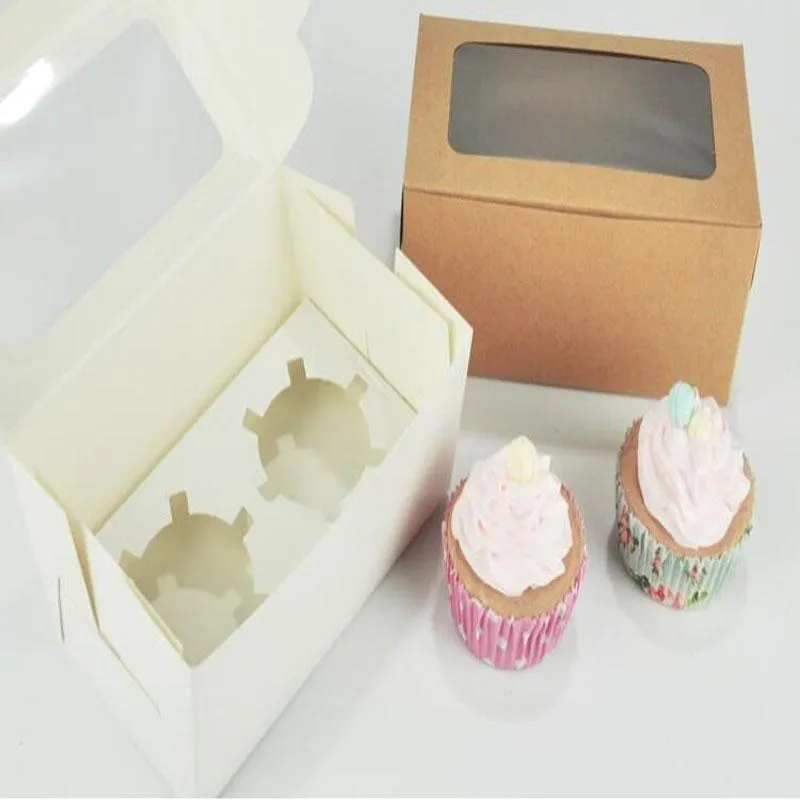 kraft Card Paper Cupcake Box 2 Cup Cake Holders Muffin Cake Boxes Dessert Portable Package Box Tray Gift Favor