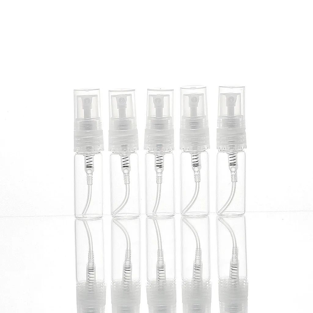 3 ml leeres Mini-Parfüm-Glasfläschchen, klare Nebel-Sprühpumpe, Probenstift-Container, kleine Parfüm-Zerstäuber-Sprüher-Flaschen-Behälter