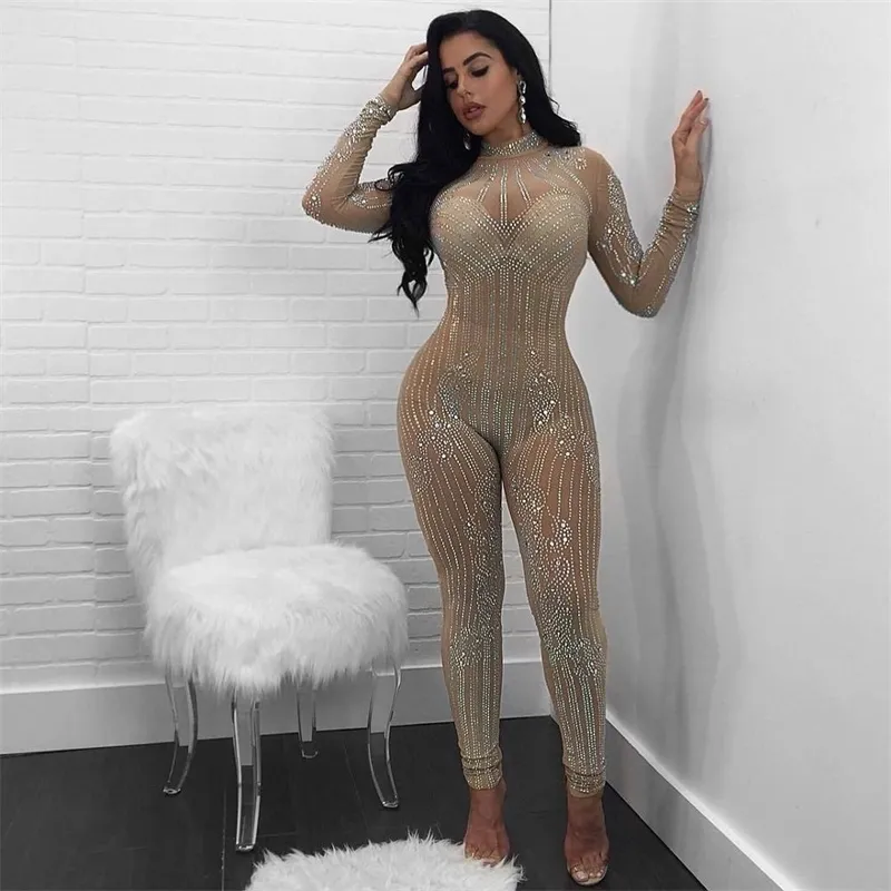 Rompers Womens Combinaison Strass Glitter Sexy Manches longues Body Body Turtleneck NightClub MaR Elegant Combinaisons Plus Taille T200509