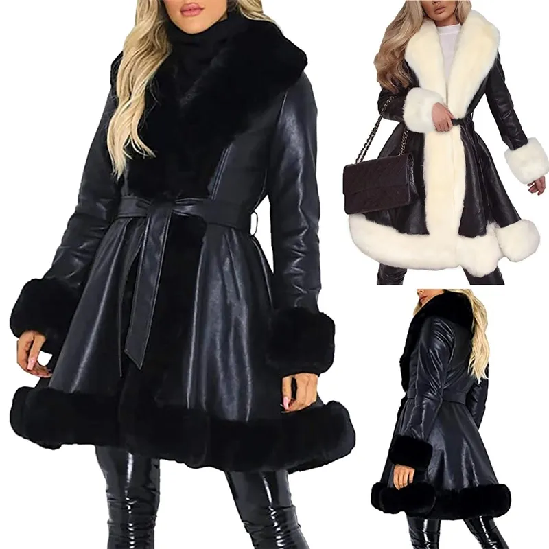 Chic Winter Fur Collar Women Long Faux Leather Jacket Coat Dress Warm Outwear Abrigos Mujer 201020