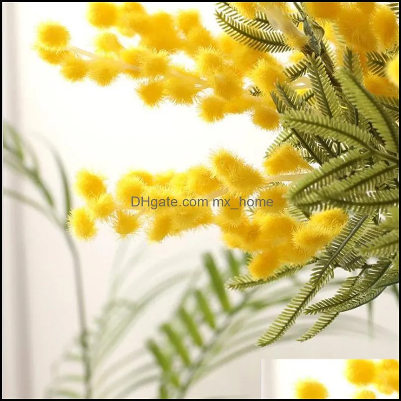 38cm Fake Acacia Artificial Flowers Yellow Mimosa Spray Cherry Fruit Branch Wedding Home Table Decoration Flower Decorative & Wreaths