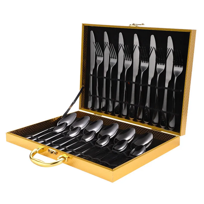 Stainless Steel Dinnerware Sets Wooden Steak Cutlery Gift Box Household Western Food 24 Pcs Gold Tableware 7 Colors