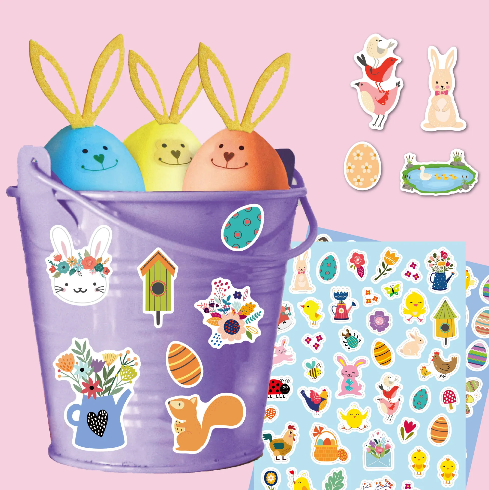 6PCS Pack Autocollants De Pâques Enfants Dessin Animé Lapin Oeufs Colorés Décoration Autocollant Les Éléments De Printemps Lapin Poussin Fleurs Autocollants Pour Livre