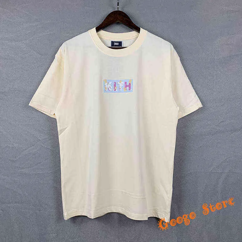 2022 Günlük Günlük Erkek Kadın 1: 1 Khith Boy T-shirt Klasik Renkli Harfler KITH Kutusu Tee Yaz Tarzı En Kısa Kollu AA220308