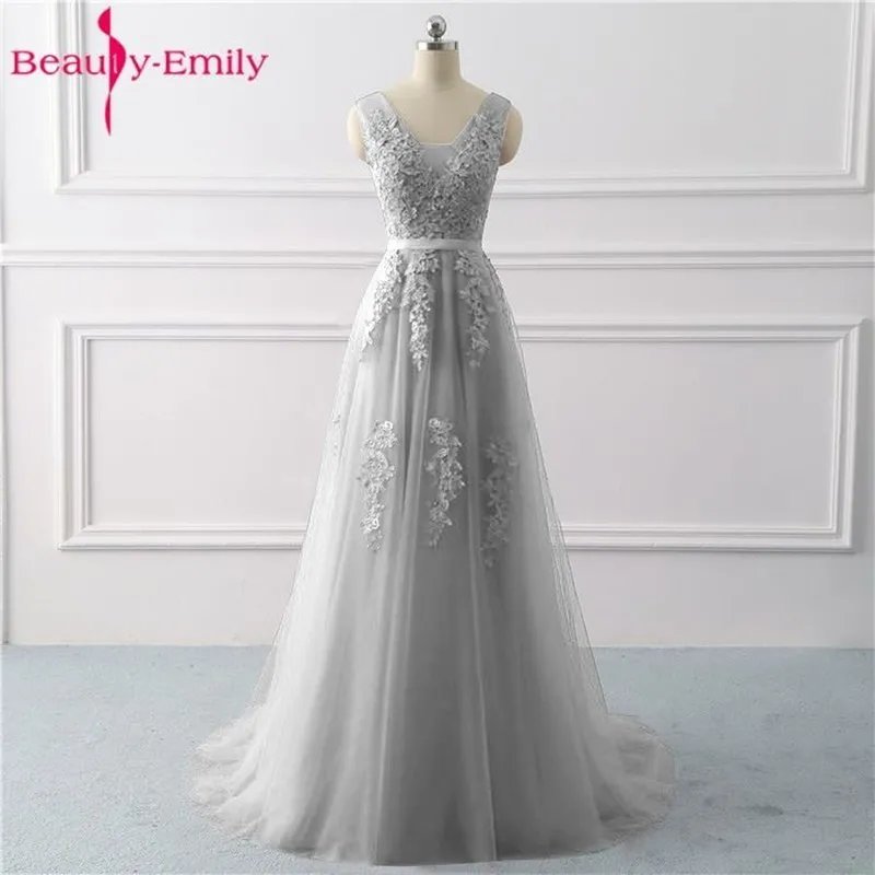 Beauty Emily Lace Aplikacje V-Neck Długie Suknie Wieczorowe 2020 Bride Sexy Bez Rękawów Formalna Party Prom Dresses Custom LJ201118