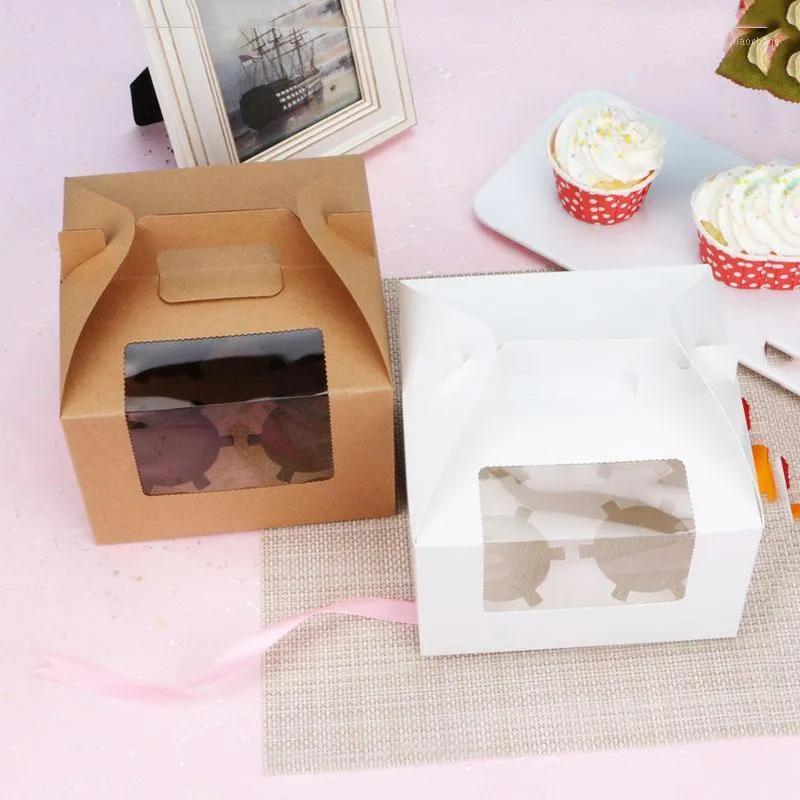 ギフトラップ10ピース/ロットクラフト紙箱、ハンドル正方形の結婚式の白い段ボールケーキウィンドウ茶色のカップケーキパッケージギフト1