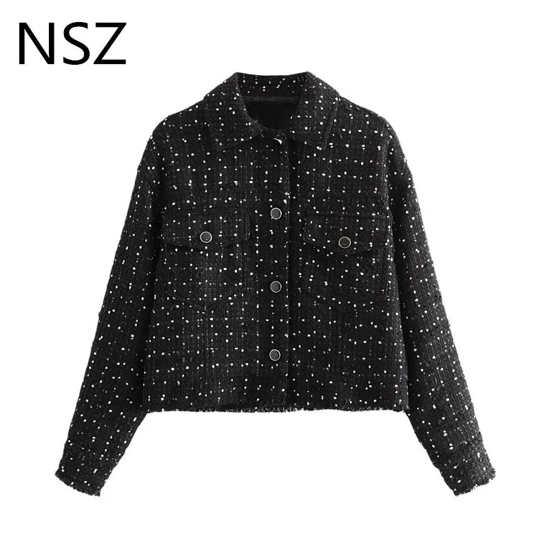 NSZ Frauen Tweed Crop Top Jacke abgeschnitten Mantel Langarm Umlegekragen weiß gepunktet schwarz Mode Oberbekleidung Overshirt Femme 201029