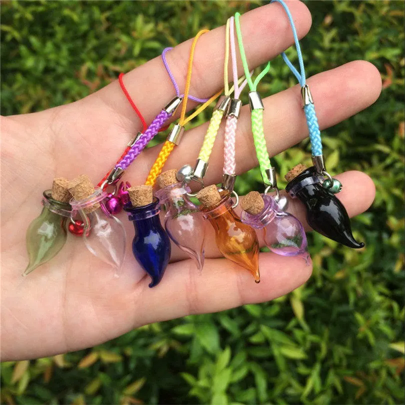 Bottles Charms Glass Chili Shape Mini Bell Bracelets Bottles with Key Chains Rubber Ring Jars Glass Charms Mixed Colors
