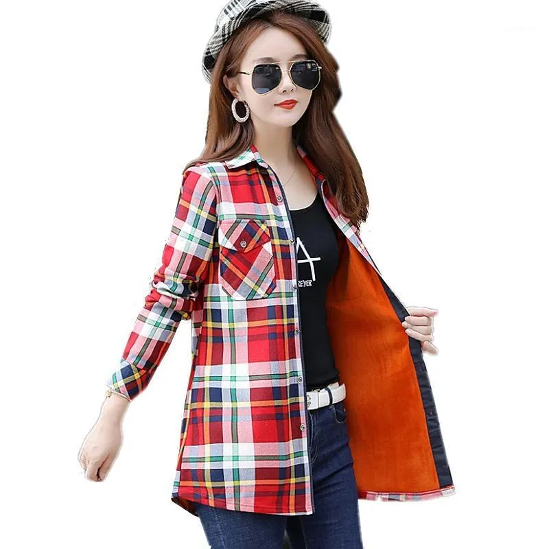 Women's Blouses & Shirts 2021 Velvet Long Blouse Thick Warm Women's Plaid Shirt Female Sleeve Tops Plus Size Winter Blusas Femininas Ch