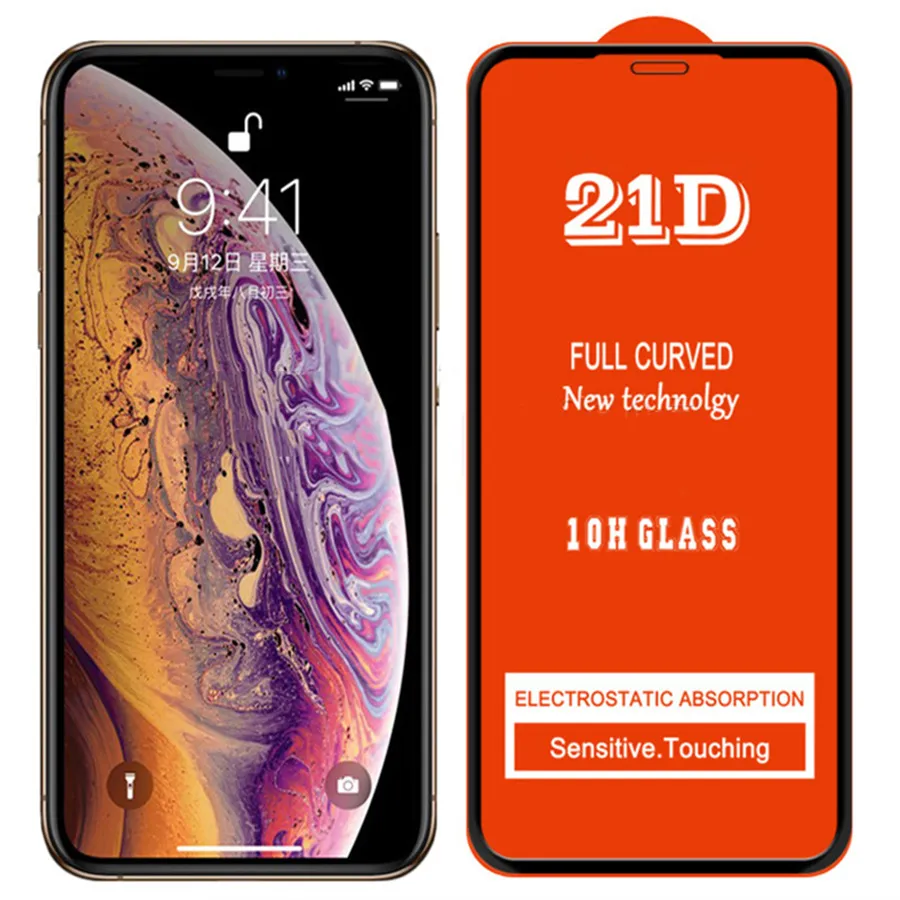 Protecteur d'écran de téléphone à couverture complète 21D 10H, film en verre trempé pour iPhone 15 14 11 12 13 mini PRO MAX XR XS