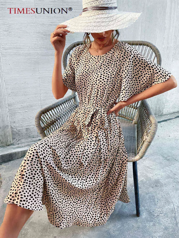 Летнее платье Женщины 2022 Европейский Американский стиль среднего платья с короткими рукавами Печать леопард-печать тонкие талии платья Y220214