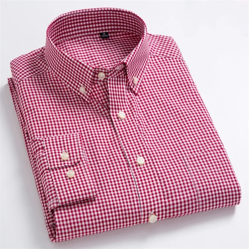 Camicia da uomo a maniche lunghe con micro quadri a maniche lunghe da uomo Tasca a toppa sottile morbida 100% cotone Camicia a quadri scozzese a righe bianche / rosse LJ200925