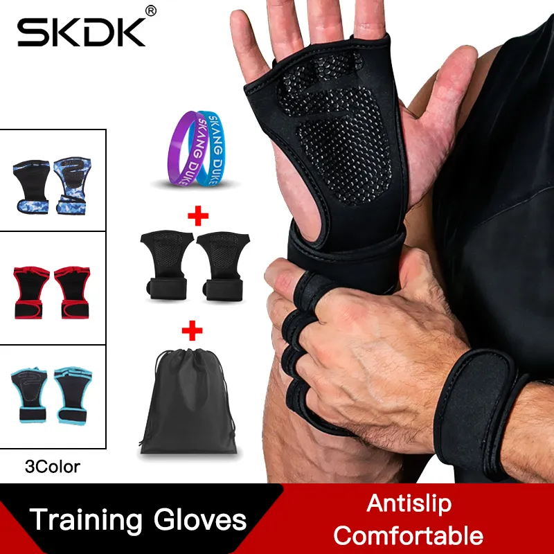 SKDK Peso Levantando Grip Luvas Crossfit Treinamento Luvas Fitness Sports Gymnastics Gym Hand Palm Protector Pulso Suporte + 1 Ring Q0108