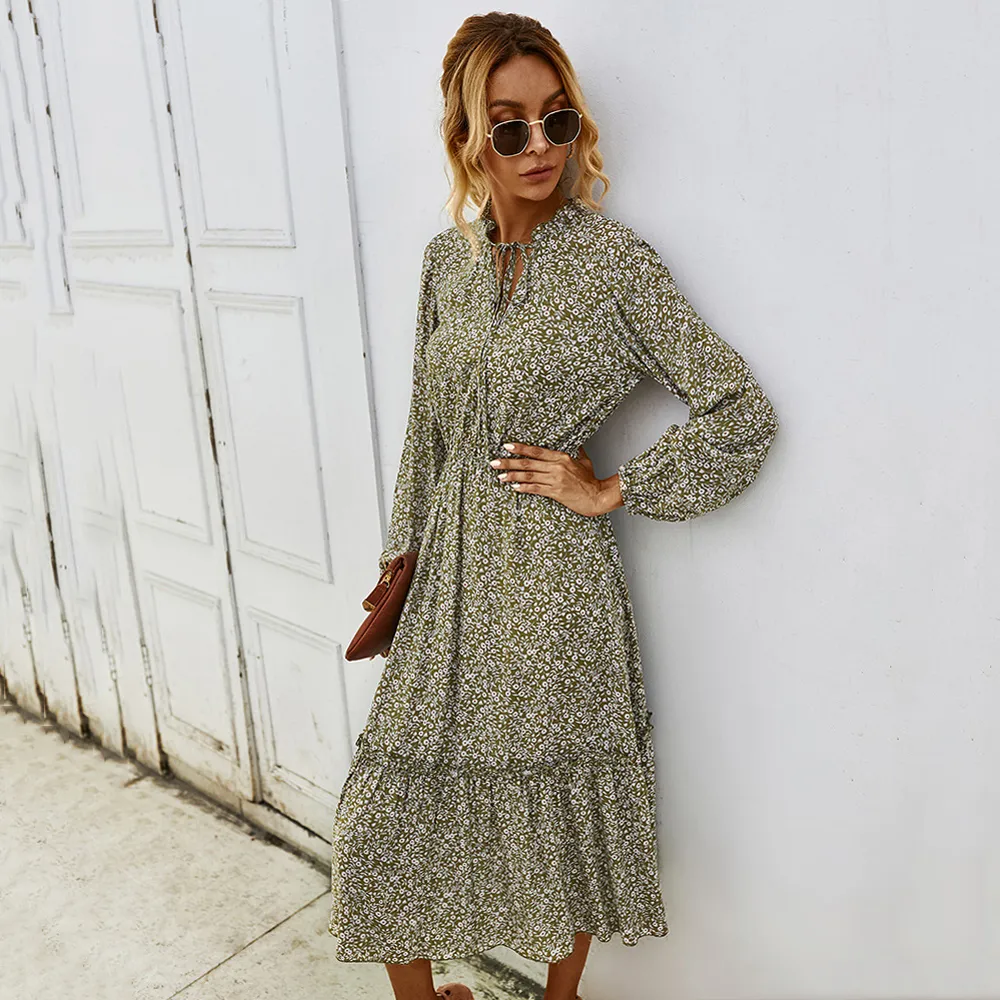 Women's Boho Long Sleeve Printed Floral Winter Midi Shirt