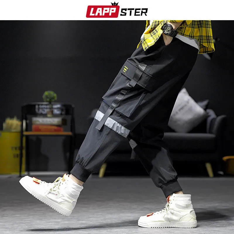 LAPPSTER Streetwear Hip Hop Cargo Pants 2020 Printemps Hommes Baggy Poches Ruban Joggers Pantalons Hommes Japanes Style Noir Sarouel LJ201007