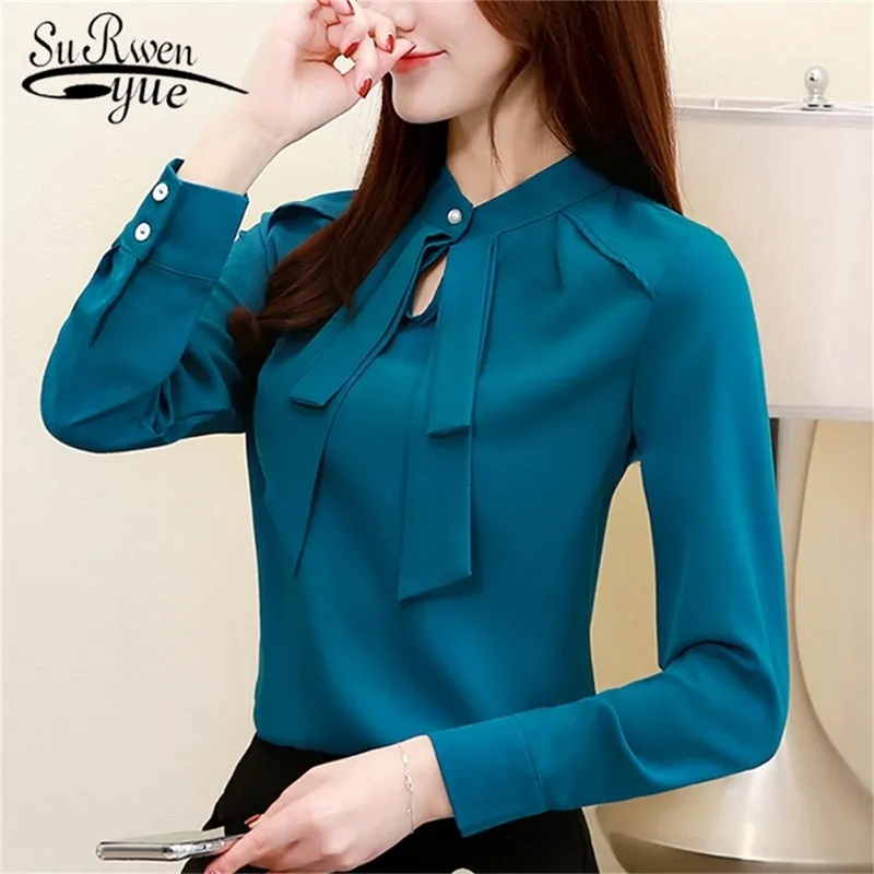Mode Damen Tops und Blusen Plus Size Chiffon Bluse Hemd Bogenkragen Bürobluse Langarm Damen Hemden Blusas LJ200812