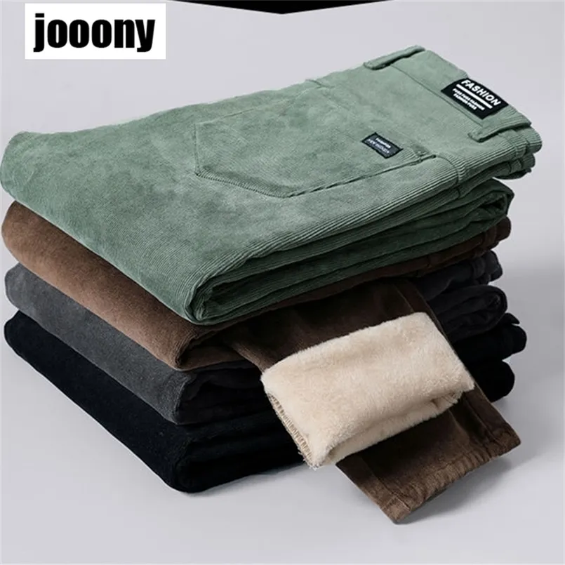 High Quality Corduroy Winter Fleece Warm Corduroy Pants Men Thick Casual Business Stretch Velvet Black Gray Green Trousers 220311