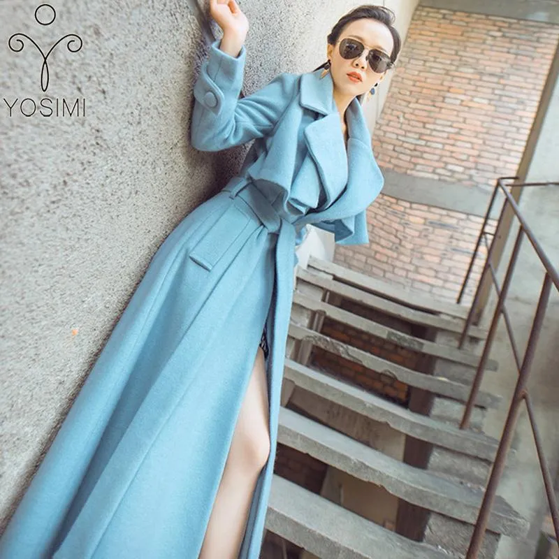Kvinnorsullblandningar Yosimi 2021 Höst Vinterrockar Kvinnor Maxi Full Sleeve Long Coat Blue Plus Size Fommale S-XXL Woolen Jackor