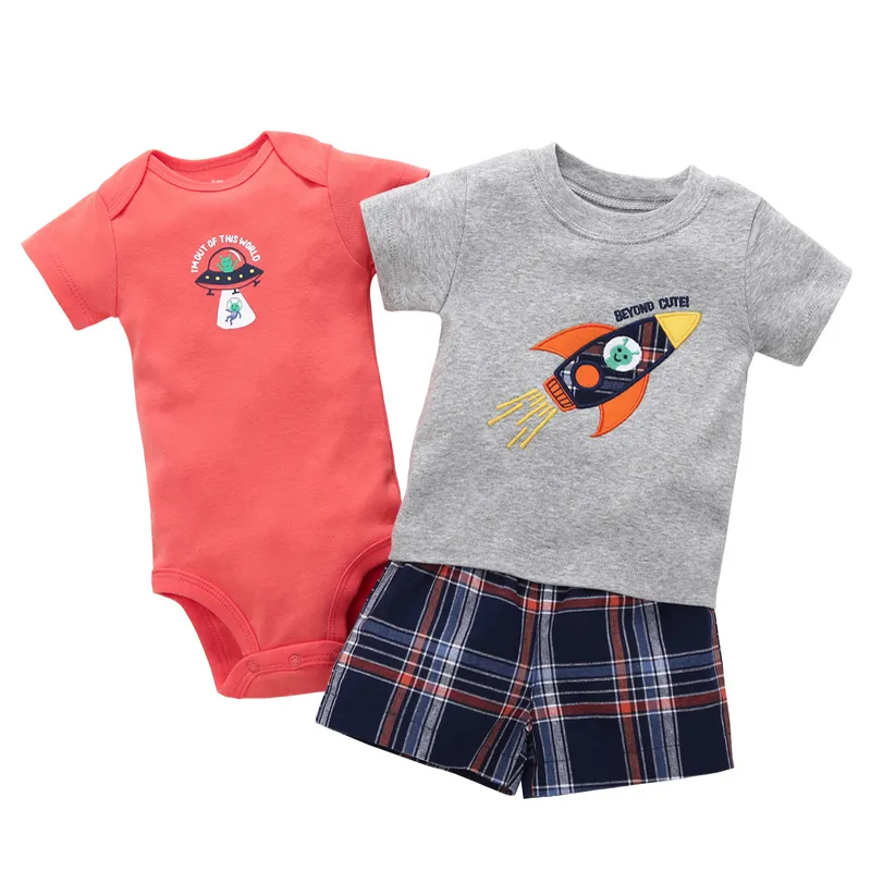 summer 2019 baby boy outfit short sleeve T-shirt tops+romper+plaid shorts infant clothing newborn clothes set new born suit
