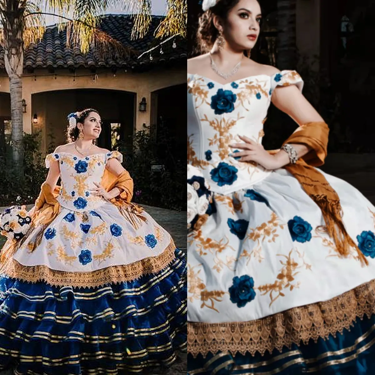 Tradicional México Charro Quinceanera Vestidos Bordados Floral Lace Off the Shoulder Satin Ball Vestido Long Tiered Vestidos de XV Años 15 Doce 16 vestidos meninas